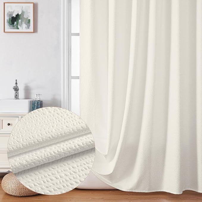 Berry Extra Long Cream Shower Curtain 96 Inch Long, 3D Embossed Texture Fabric Bathroom Shower Curtain, Large Hotel Bath Curtain with 12 Holes, Washable Cloth Shower Curtains, 72x96, Cream