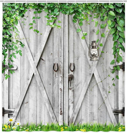 Rustic Wooden Board Barn Door Shower Curtains for Cabin Stall, Vintage Farmhouse Wooden Theme Plank Green Leaves RV Bath Curtain, Fabric Grass and Flowers Spring Decor Curtains with Hooks 36X70IN
