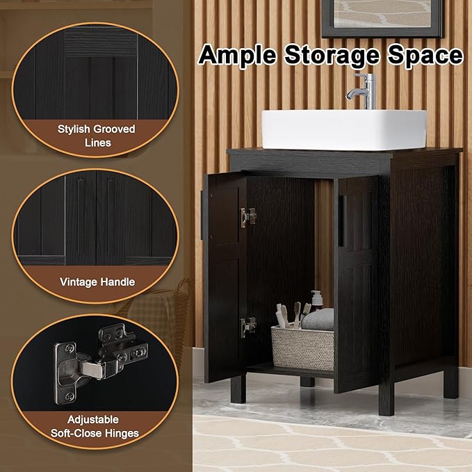 UEV Black 24" Bathroom Vanity with Sink Combo,Modern Vanity with Vessel Sink,Stylish Bathroom Vanity Cabinet,Grooved Doors & Metal Handles,Modern Rectangle Ceramic Vessel Sink(T03)