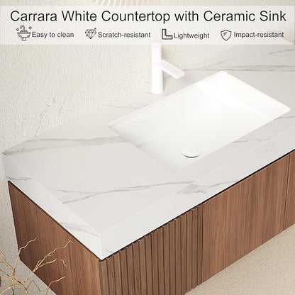 Ambrovina 48" Floating Bathroom Vanity with Sink, Modern Plywood Bathroom Storage Cabinet with Drawer and 2 Door, Carrara White Sintered Stone Countertop, White Ceramic Basin, Pre-Assembled, Dark Oak