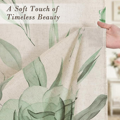 Litabel Farmhouse Green Floral Linen Shower Curtain, Boho Vintage Spring Cotton Shower Curtains for Chic Elegant Bathroom Decor, Ink Painting Style Blossom Fabric Bath Curtain, 72 x 72