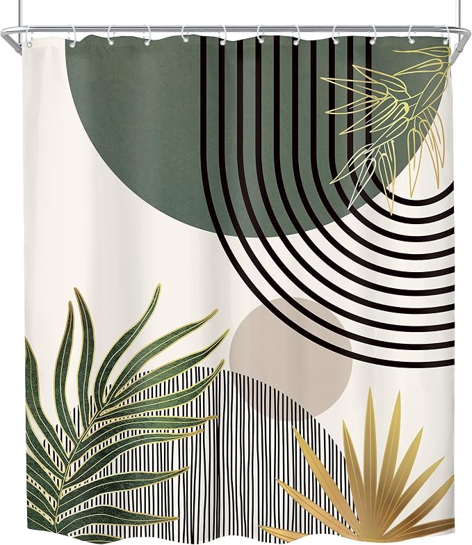 Mid Century Dark Green Boho Abstract Modern Bathroom Shower Curtain Set | 60Wx72L Gold design, waterproof HD print with fast-drying fabric and 12 hooks.