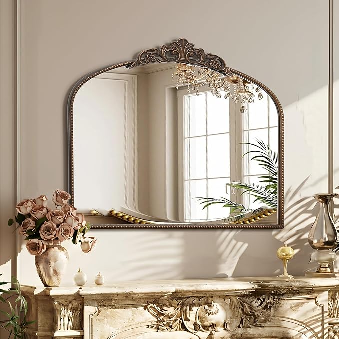 Micasso Vintage Bronze Arched Mirror: 36"x29" Baroque Antique Wall Mirror | Traditional Ornate French Decorative Wall Mirror for Bedroom/Bathroom/Entryway/Hallway/Dresser/Vanity/Mantel/Nightstand