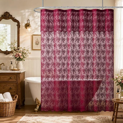 TUDECO Dark Red Lace Shower Curtain with Attached Valance, 72W x 84L Inch | Burgundy Bathroom Curtain, Maroon Floral, Semi-Sheer, Scalloped Edges, Gentle Privacy, Reinforced Holes, Machine Washable