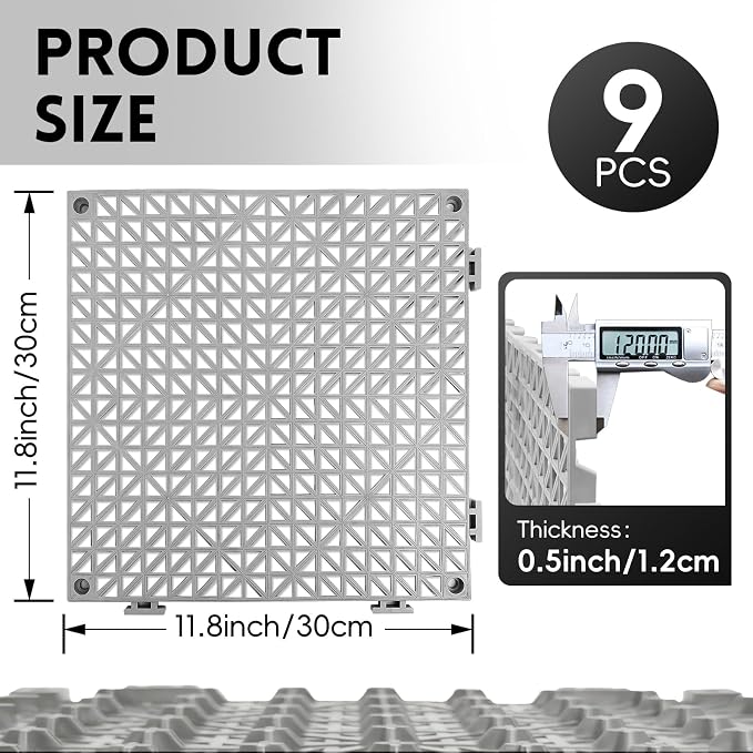 RITOLLO Modular Interlocking Cushion Drainage Floor Tiles, 9-Pack 11.8"x11.8" PVC Raised Non-Slip Interlocking Mats with Drain Holes for Deck, Pool, Garage, Shower, Patio, Bathroom, Sauna, Yard -Gray