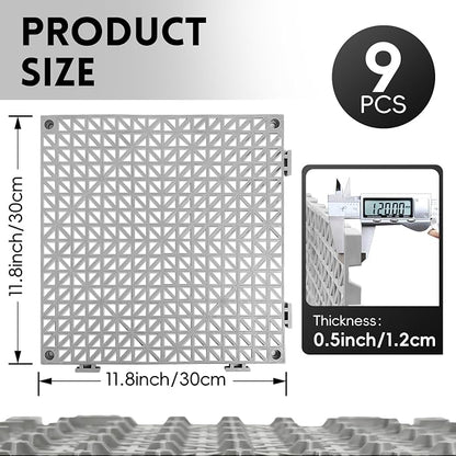 RITOLLO Modular Interlocking Cushion Drainage Floor Tiles, 9-Pack 11.8"x11.8" PVC Raised Non-Slip Interlocking Mats with Drain Holes for Deck, Pool, Garage, Shower, Patio, Bathroom, Sauna, Yard -Gray