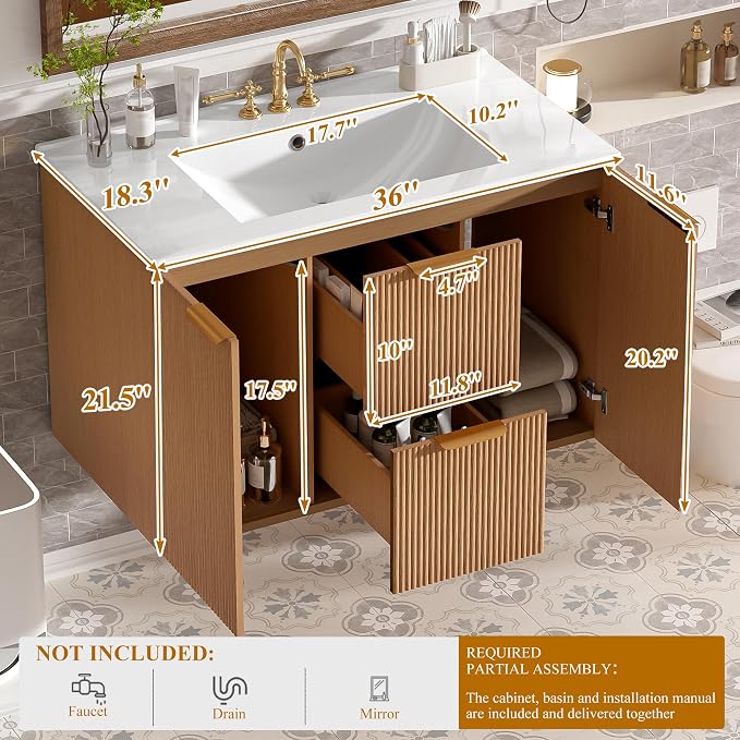 36 Inch Bathroom Vanity with Sink, Modern Fluted Single Ceramic Vanity | Soft-close, Bath Room Cabinet with Divided Drawers, Wall-Mounted Modern Storage Vanity for Small Space, Hotels, Office