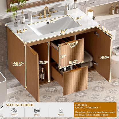 36 Inch Bathroom Vanity with Sink, Modern Fluted Single Ceramic Vanity | Soft-close, Bath Room Cabinet with Divided Drawers, Wall-Mounted Modern Storage Vanity for Small Space, Hotels, Office