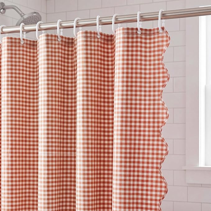 HunnmingRe Pink Ruffled Gingham Shower Curtain 72 x 72 Inch | Cotton Vintage Farmhouse Rural Plaid Shower Curtain with 12 Hooks, Bathroom Bathtubs Decor