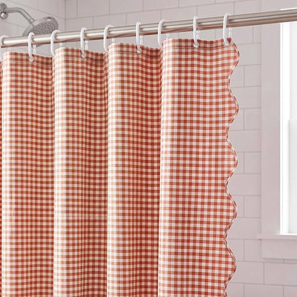 HunnmingRe Pink Ruffled Gingham Shower Curtain 72 x 72 Inch | Cotton Vintage Farmhouse Rural Plaid Shower Curtain with 12 Hooks, Bathroom Bathtubs Decor