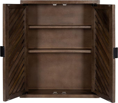 Kate and Laurel Mezzeta Decorative Modern Two-Door Floating Bathroom Cabinet; 28 x 22 x 7; Natural Wood; Decorative Over Toilet Storage Cabinet Made from Solid Mango Wood with Slatted Chevron Design