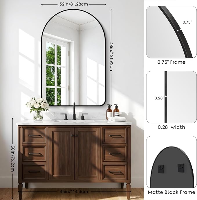 BONEWEI Arched Wall Mirror,32x48 inch Black Arched Mirror Bathroom,Large Vanity Mirror for Over Sink Metal Frame,Tempered Glass Arch Mirrors for Bedroom,Entryway,Living Room,Home Decor Shatter-Proof