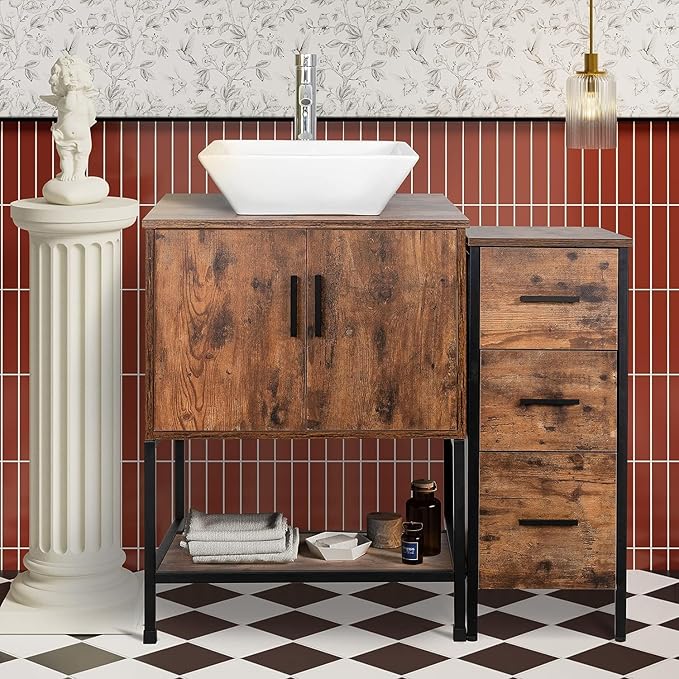 UEV 36" Antique Bathroom Vanity, Dark Brown Bathroom Vanity Set with Sink and 3 Drawers Side Cabinet Combo, Iron Wood Bathroom Cabinet with Adjustable Water Temperature Faucet (A07)