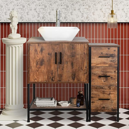 UEV 36" Antique Bathroom Vanity, Dark Brown Bathroom Vanity Set with Sink and 3 Drawers Side Cabinet Combo, Iron Wood Bathroom Cabinet with Adjustable Water Temperature Faucet (A07)