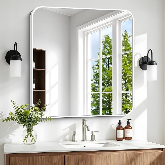 BONEWEI White Bathroom Mirror,24x24 inch Wall Mirror for Bathroom Wall Mounted,Rectangle Mirror for Bathroom Over Sink,Modern Frame Round Corner for Living Room,Bedroom Entryway,Horizontal/Vertical