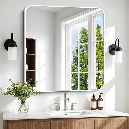 BONEWEI White Bathroom Mirror,24x24 inch Wall Mirror for Bathroom Wall Mounted,Rectangle Mirror for Bathroom Over Sink,Modern Frame Round Corner for Living Room,Bedroom Entryway,Horizontal/Vertical