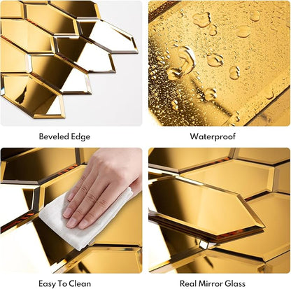 Peel and Stick Beveled Mirror Tile, Mirror Backsplash for Kitchen Bathroom Wall, 4x7.87 Inches Hexagon, Gold (30 Pcs, 4.8 SQ.FT.)