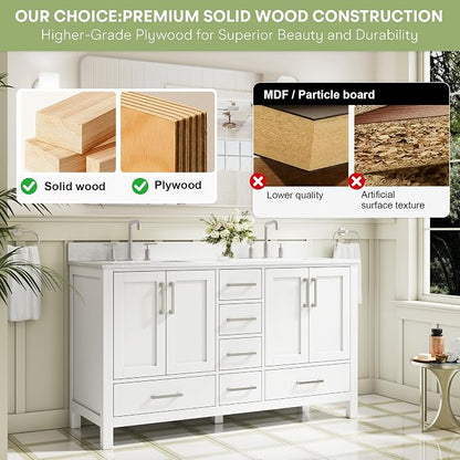 60-Inch Bathroom Vanity with Sink, 4 Soft-Close Doors and 6 Soft-Close Drawers, Bathroom Freestanding Vanity with Cultured Marble Countertop, White Vanity with Brushed Nickel Handles