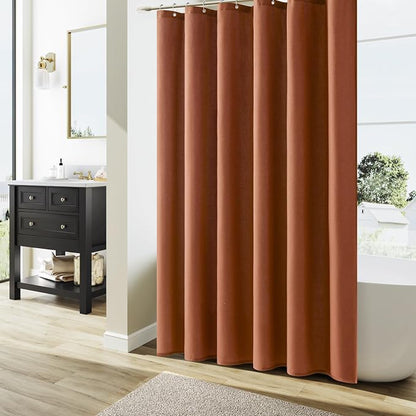 Terracotta Boho Linen Shower Curtain, Country Farmhouse Bath Decor Shower Curtains Neutral Cloth Weighted Textured Fabric Bath Curtain Liner with Hooks, 72x72