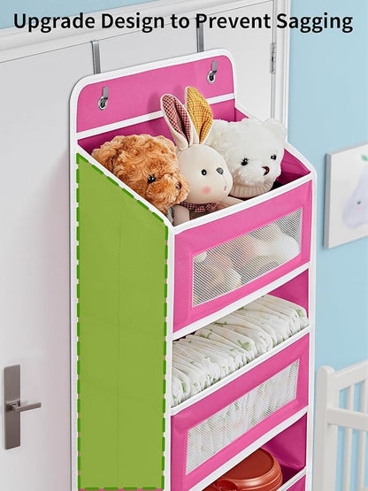 JARLINK Over the Door Organizer for Bedroom, Bathroom, 5 Shelf Rose Pink | Anti-Tilt Design, 44 lb Load Capacity, Hanging Door Organizer with 5 Large Capacity Pockets, Behind Door Storage for Nursery