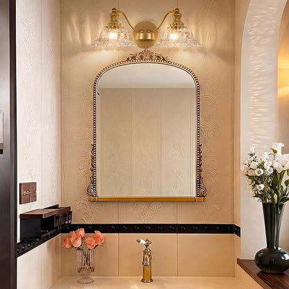 2 Lights Bathroom Vanity Light Fixtures, Vintage Brass Vanity Lights for Bathroom, Farmhouse Antique Light Fixtures Over Mirror with Crystal Glass Shade