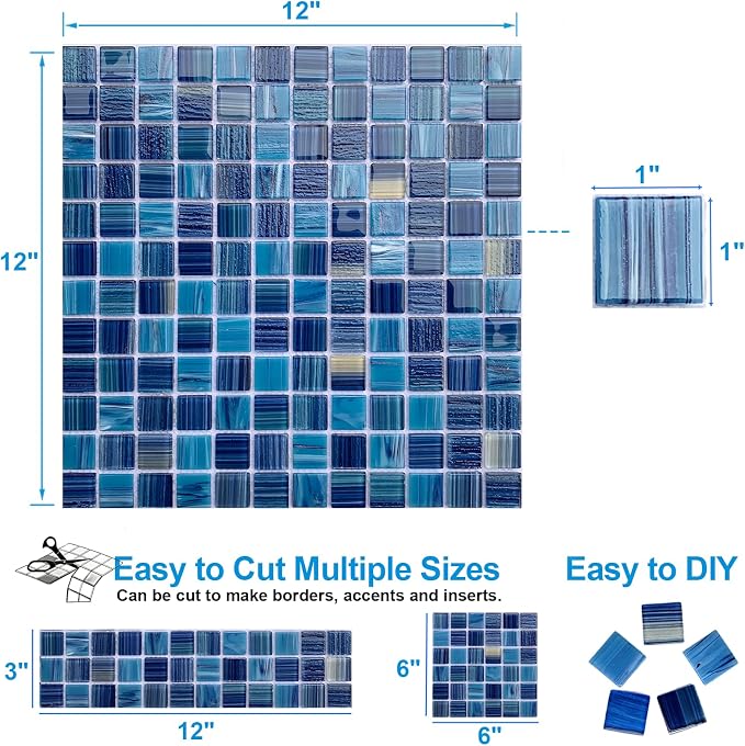 LSDECO 5 Sheets Glass Mosaic Tiles Backsplash, Pool Tiles, 12" x 12" Kitchen Backsplash Tile, Glass Tiles for Bathroom Border Shower Wall (5 Sq.Ft Blue Blend)