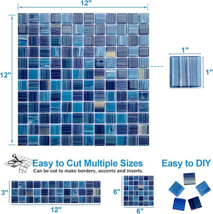 LSDECO 5 Sheets Glass Mosaic Tiles Backsplash, Pool Tiles, 12" x 12" Kitchen Backsplash Tile, Glass Tiles for Bathroom Border Shower Wall (5 Sq.Ft Blue Blend)