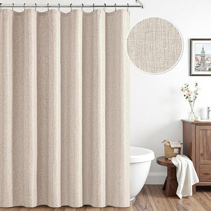 ANRODUO Beige Linen Textured Fabric Shower Curtain Set - W72xL84 | Farmhouse Shower Curtain with 12 Metal Hooks, Waterproof Heavy Duty, Button Hole Design, Machine Washable for Bathroom