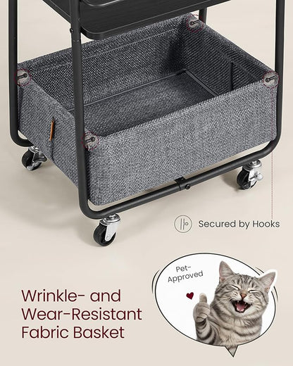 VASAGLE LILEA Collection - Storage Cart with Fabric Basket, 3-Tier Rolling Utility Cart with Wheels and Shelves, for Living Room Bedroom Kitchen, Ebony Black and Slate Gray ULRC001BE02