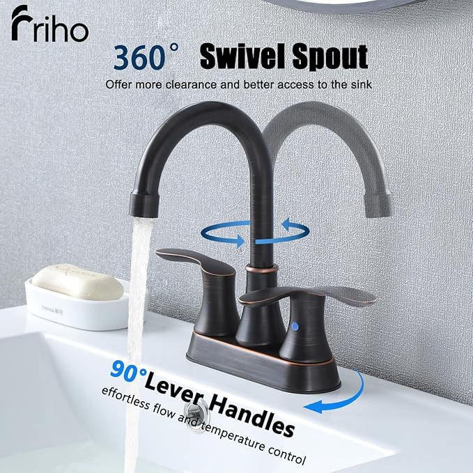 Friho Centerset Lead-Free Modern Commercial 2-Handle Oil Rubbed Bronze Bathroom Faucet, 3 Hole 4 inch RV Bath Vanity Faucets with Drain Stopper and Water Hoses