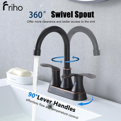 Friho Centerset Lead-Free Modern Commercial 2-Handle Oil Rubbed Bronze Bathroom Faucet, 3 Hole 4 inch RV Bath Vanity Faucets with Drain Stopper and Water Hoses