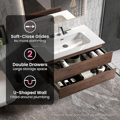 36" Bathroom Vanity with Sink, Modern Floating Vanity with Double Soft Closing Drawers, Large Storage for Small Space, Walnut, Fully Assembled - Iris Collection