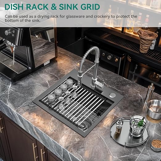 YITAHOME 15in Small Black Drop In RV Sink Workstation, Top Mount Stainless Steel Nano Gunmetal Black Small Kitchen Sink with Grid, Cutting Board, Rolling Rack for Workstation, Bar, 15 x 15 x 9 in
