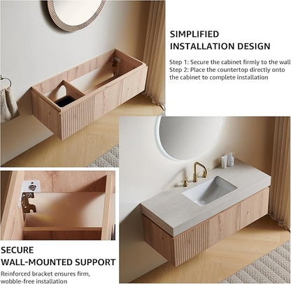 48” Floating Bathroom Vanity with Sink, Wall-Mounted Cabinet with Drawer & Doors, Roma Travertine-Pattern Countertop, Undermount Basin, 3 Faucet Hole, Soft-Close, Pre-Assembled, Light Oak