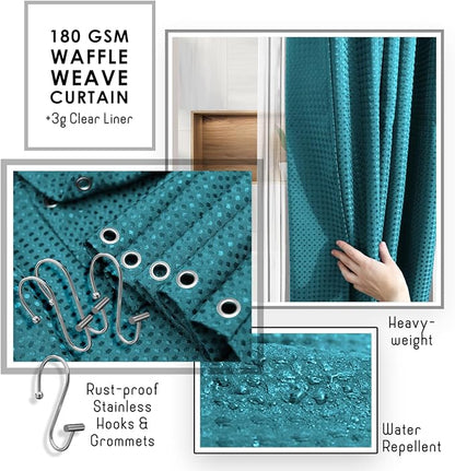 Clara Clark Bathroom Accessories Set - Bathroom Set with Adhesive Corner Shower Caddy Hanging, 25PC Bathroom Accessory Set, Teal Shower Curtain Set, Toilet Brush, Trash Can & Soap Dispenser | 25 Piece Bathroom Accessories Set with Toothbrush Holder, So...
