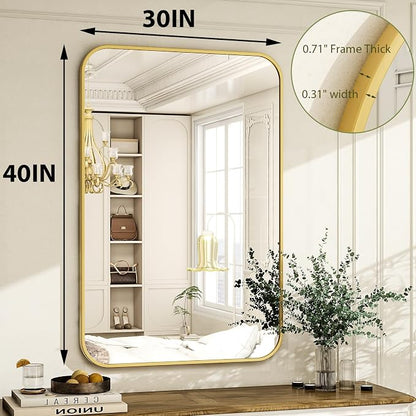Easly 30 x 40 Inch Bathroom Mirror, Rounded Rectangular Vanity Mirror for Wall, Modern Mirror for Room Decor, Gold Framed Wall-Mounted Mirrors for Home Decor, Hangs Horizontally or Vertically