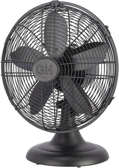 Good Housekeeping 92603 All-Metal 12" Retro Desk Office Table Fan with Wide Oscillation, 3-Speed Settings & Carrying Handle, Matte Black