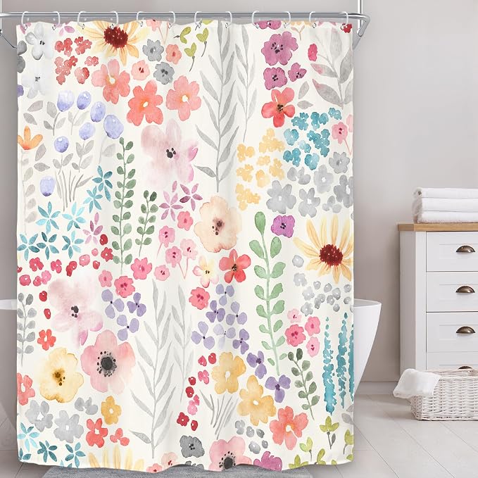 Narrow Small Stall Floral Flower Cute Colorful Bathroom Shower Curtain Set | 54"W x 78"H Plants Botanical; waterproof HD print, quick-dry fabric with 12 hooks for easy hanging.