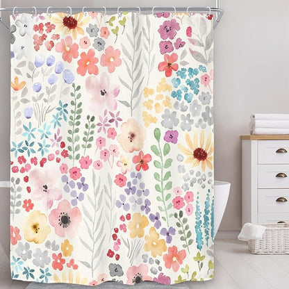 Narrow Small Stall Floral Flower Cute Colorful Bathroom Shower Curtain Set | 54"W x 78"H Plants Botanical; waterproof HD print, quick-dry fabric with 12 hooks for easy hanging.