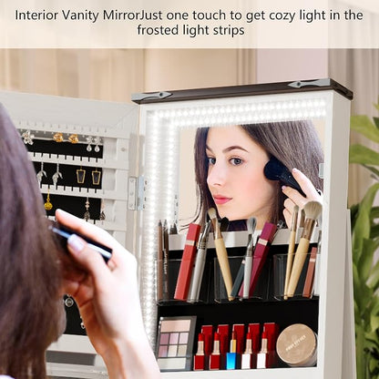 61" LED Mirror Jewelry Cabinet, 360° Rotating Jewelry Armoire with Full Length Mirror, Lockable Standing Jewelry Organizer with 2 Drawers, Interior Makeup Mirror, White