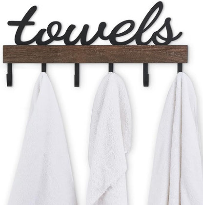 Dahey Small Towel Rack with 6 Hooks Wall Mounted Wooden Holder for Bathroom | Rustic Wood & Metal Hooks, Easy Mount, Space-Saving, Versatile Storage, Hanger for Bathrobe Clothes, Farmhouse Bathroom Decor