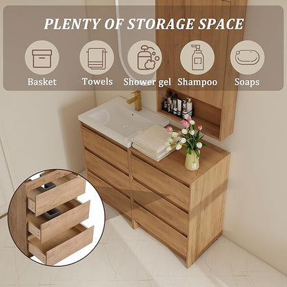 48" Bathroom Vanity Set, 48 Inch Modern Freestanding Vanity with Wall-Mounted Side Cabinet and 6 Drawers, Soft Closing Doors, Single Resin Sink Floor Stand Cabinet Set Imitative Oak