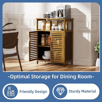 HITNET Walnut Bathroom Floor Cabinet, Bamboo Side Tall Storage Organizer, Freestanding Kitchen Cupboard with Door and Shelf