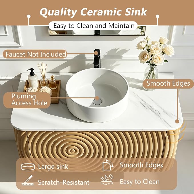 84" Floating Bathroom Vanity with Double Sink, Mid-Century Wall Mounted Bathroom Vanity Cabinet with Wood Waved Decor, Ceramic Vessel Basin, Sintered Stone Top, Soft Close Drawer, Side Open Cube