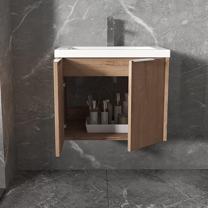 Henf 24inch Floating Bathroom Vanity Cabinet with Sink Combo, Modern Wall Mounted Solid Wood Cabinet with White Gel Basin Sink Bathroom Storage Cabinet with 2 Soft Close Doors