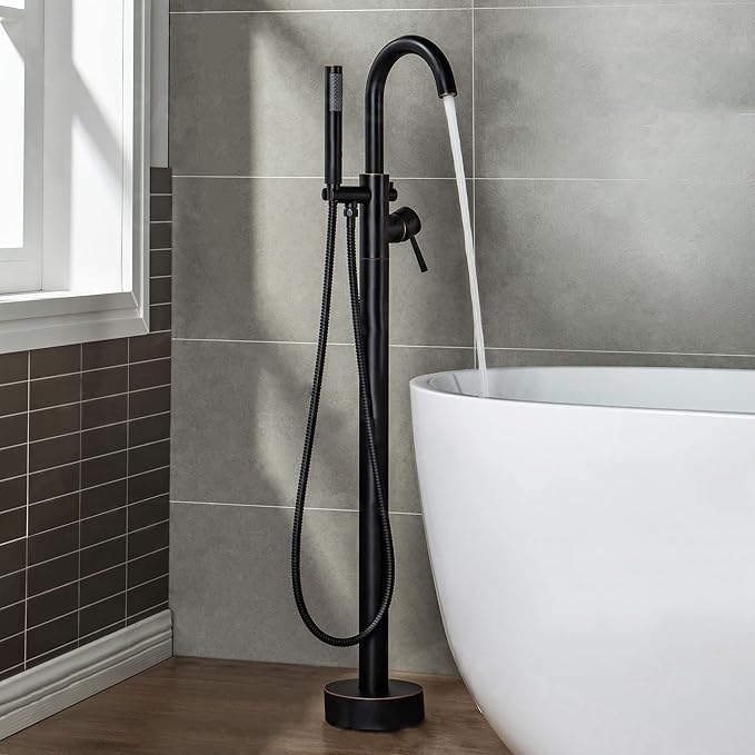 WOODBRIDGE Contemporary Single Handle Floor Mount Freestanding Tub Filler Faucet with Hand shower in Oil Rubbed Bronze Finish, F0010ORBRD