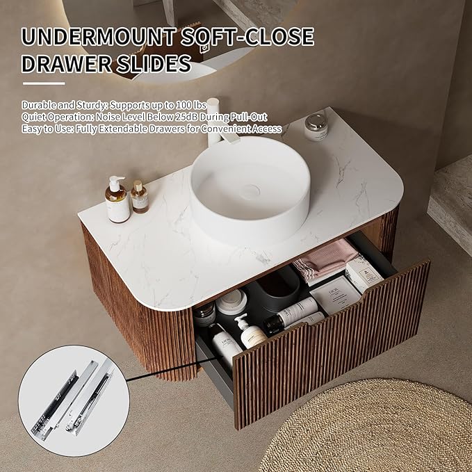 Yayzy 24" Floating Bathroom Vanity with Sink, Solid Wood Fluted Cabinet, White Round Ceramic Basin & Faux Marble Top, Soft-Close Drawer, Pre-Assembled, Walnut Woodgrain