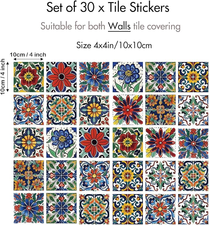 30 Pcs Mediterranean Style Peel and Stick Wall Tile Decals - Waterproof Vinyl Stickers for Kitchen Backsplash, Bathroom, Stair Riser Decor - Spanish Floral Pattern - 4x4 Inch