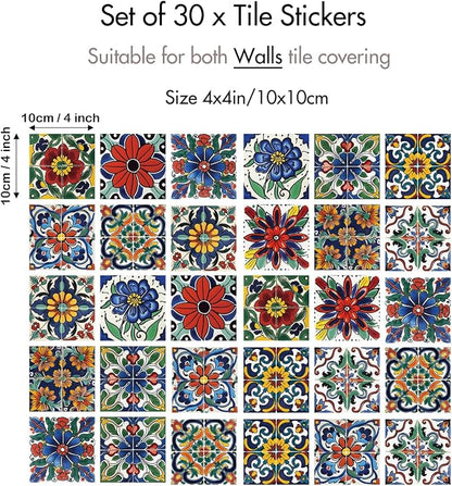 30 Pcs Mediterranean Style Peel and Stick Wall Tile Decals - Waterproof Vinyl Stickers for Kitchen Backsplash, Bathroom, Stair Riser Decor - Spanish Floral Pattern - 4x4 Inch