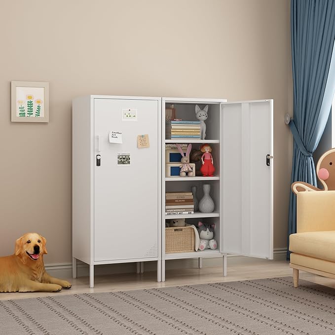 Metal Locker Cabinet Lockable Bathroom Storage Cabinet Black 4 Tier Employee Lockers for Home, School, Office, Garage (White, 19.69" D x 15.75" W x 49.21" H)